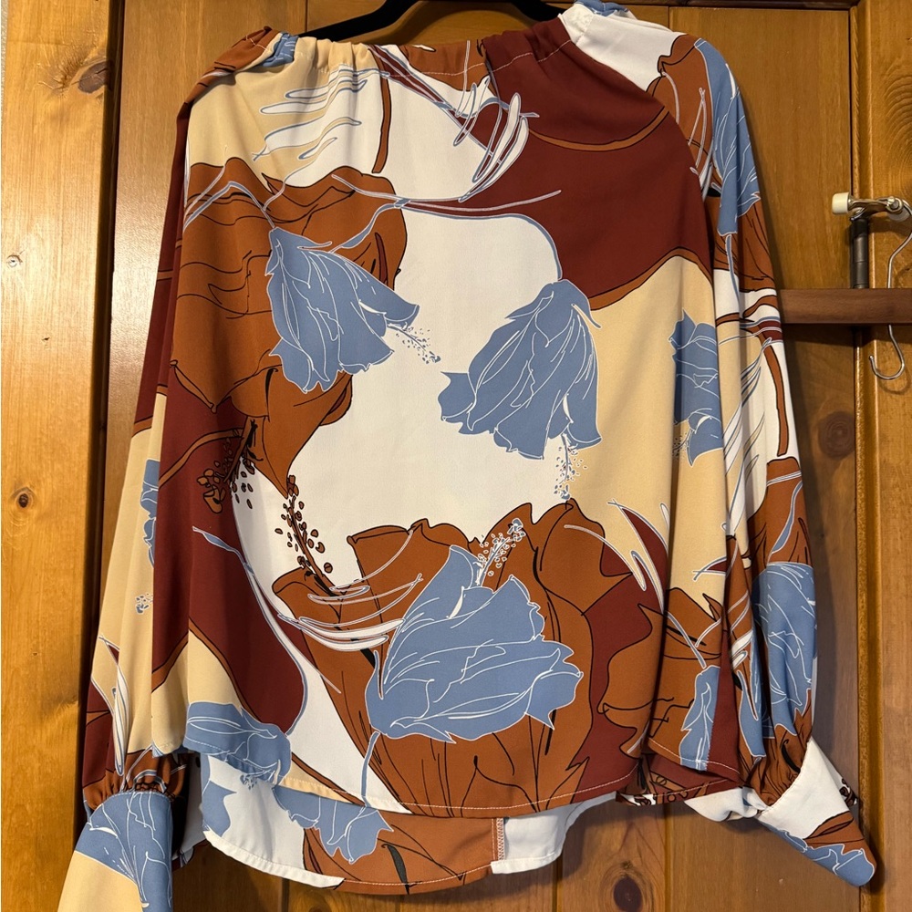 Worthington Satin Floral Print Women's Top - Blue and Brown